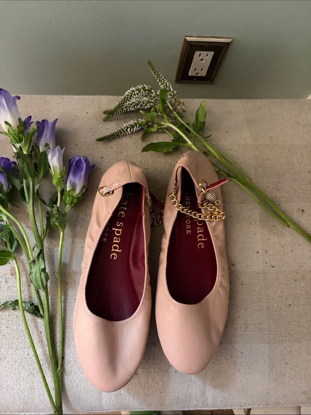 kate spade Blush Pink Leather Ballet Flats with Gold Chain